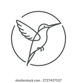 Simple line drawing of a hummingbird in flight within a circle icon