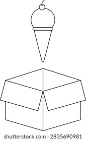 A simple line drawing of an ice cream cone topped with a cherry, positioned directly above an open cardboard box.