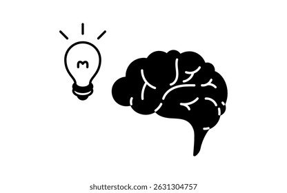 Simple line drawing icon of brain and glowing light bulb inspiration, Vector Illustration