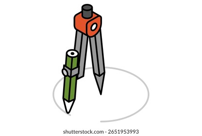 Ícone de desenho de linha simples de um círculo com bússola, ilustração isométrica, Ilustração vetorial