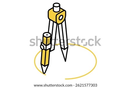 Simple line drawing icon of a circle with compass, isometric illustration, Vector Illustration
