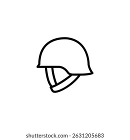 Ein einfaches Liniensymbol, das einen Militärhelm darstellt, der Schutz und Kriegsführung symbolisiert.