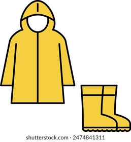 Simple line drawing icon of disaster prevention goods and rain gear (raincoats and boots), Vector Illustration