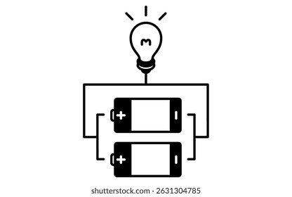 Icono simple del dibujo de la línea de una batería de la célula seca con las conexiones paralelas, Ilustración vectorial