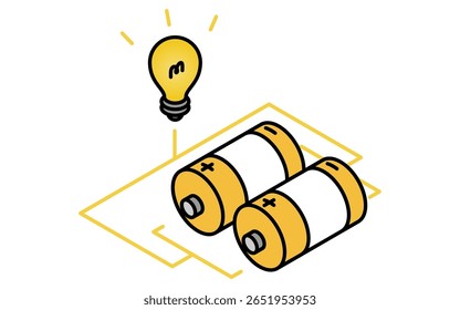 Einfache Linienzeichnung Symbol einer Trockenbatterie mit parallelen Verbindungen, isometrische Abbildung, Vektorgrafik