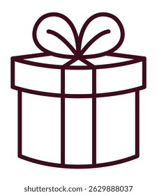 A simple line drawing icon of a gift box with a ribbon.