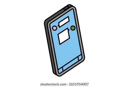 Simple line drawing icon and isometric illustration of contacting someone through a social networking application on a smartphone, Vector Illustration