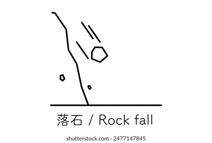 Simple line drawing icon of natural disasters, Rock fall, Vector Illustration - Translation: Rock fall