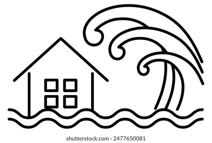 Simple line drawing icon of natural disasters, Tsunami, Vector Illustration