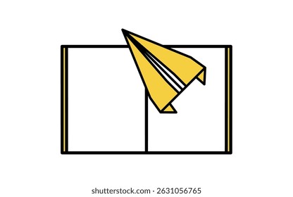 Icono simple del dibujo de la línea del cuaderno abierto y del avión de papel, Ilustración vectorial
