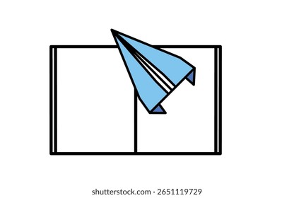 Ícone de desenho de linha simples de avião de papel e notebook aberto, Ilustração vetorial