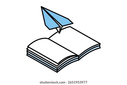 Simple line drawing icon of open notebook and paper airplane, isometric illustration, Vector Illustration