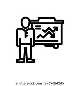 A simple line drawing icon of a person presenting a chart with upward trending arrows and graphs on a whiteboard.