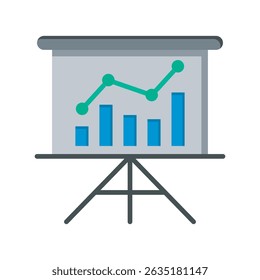 A simple line drawing icon of a presentation board displaying a line graph and bar graph, representing business analysis and data visualization