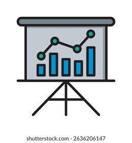 A simple line drawing icon of a presentation board displaying a line graph and bar graph, representing business analysis and data visualization