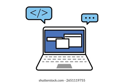 Simple line drawing icon of programming on laptop, Vector Illustration