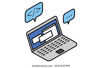 Simple line drawing icon programming on laptop, isometric illustration, Vector Illustration