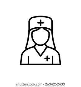 A simple line drawing icon representing a female nurse in uniform. A symbol of healthcare and medical professionals.