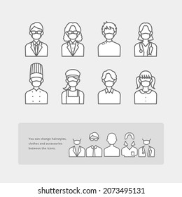 Simple line drawing icon set for masked people