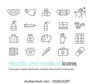 Simple line drawing icon set such as mask, hand wash, disinfection, injection, medicine, hospital, ambulance, thermometer