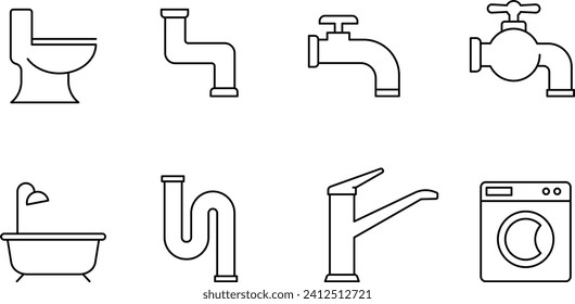 Simple Line Drawing Icon Set of Monochrome Water Fixtures in Vector