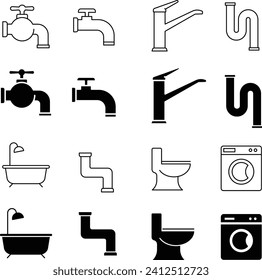Simple Line Drawing Icon Set of Monochrome Water Fixtures in Vector