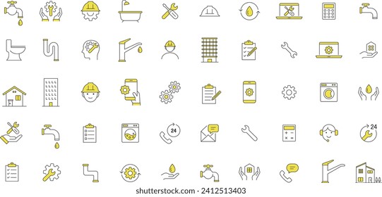Simple Line Drawing Icon Set of Water Fixtures and Construction