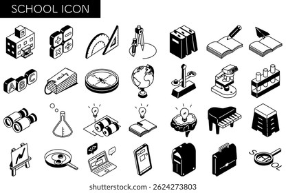 Simple line drawing icon set of school and study, isometric illustration, Vector Illustration
