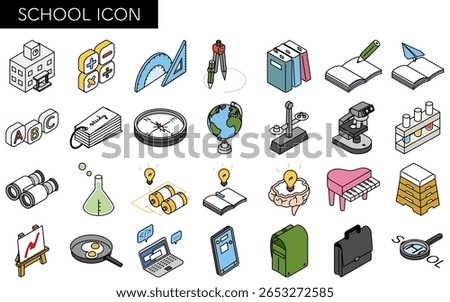 Simple line drawing icon set of school and study, isometric illustration, Vector Illustration