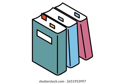 Simples ícone de desenho de linha de vários livros com notas adesivas, ilustração isométrica, Ilustração vetorial
