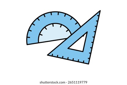 Ícone de desenho de linha simples de uma régua triangular e protrator usados em aritmética, Ilustração de vetor