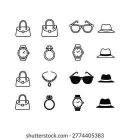 Simple line drawing icons of stylish handbags, watches, rings, sunglasses, necklaces, and hats in a clean black and white style.