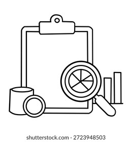 A simple line drawing illustrates a clipboard with a magnifying glass over a pie chart, alongside a cylinder and bar graph, symbolizing data analysis and research.