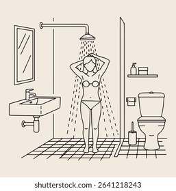 A simple line drawing illustrating a person standing under a showerhead in a washroom.