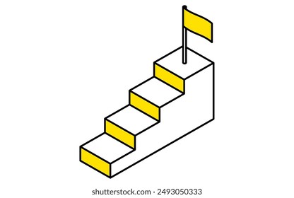 Simple line drawing illustration of business goal image, stairs and goal flag, isometric, Vector Illustration