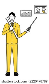 Simple line drawing illustration of a businessman in a suit analyzing a performance graph.