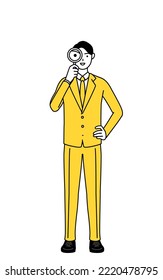 Simple line drawing illustration of a businessman in a suit looking through magnifying glasses