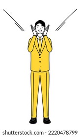 Simple line drawing illustration businessman in suit calling out and his hand over his mouth 