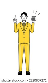 Simple line drawing illustration of a businessman in a suit holding a calculator and pointing.