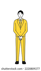 Simple line drawing illustration of a businessman in a suit with his hands folded in front of his body.