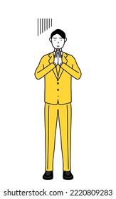Simple line drawing illustration of a businessman in a suit apologizing with his hands in front of his body.