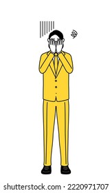 Simple line drawing illustration of a businessman in a suit covering his face in depression.