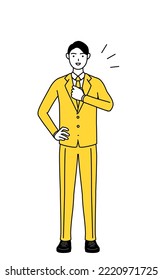 Simple line drawing illustration of a businessman in a suit tapping his chest.