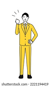 Simple line drawing illustration of a businessman in a suit posing with guts.