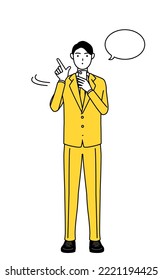 Simple line drawing illustration of a businessman in a suit operating a smartphone.