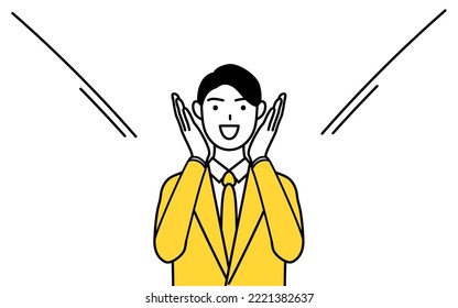 Simple line drawing illustration businessman in suit calling out and his hand over his mouth 