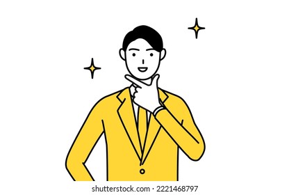 Simple line drawing illustration of a businessman in a suit in a confident pose.
