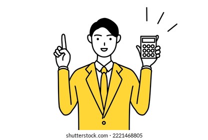 Simple line drawing illustration of a businessman in a suit holding a calculator and pointing.