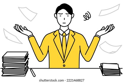 Simple line drawing illustration of a businessman in a suit who is fed up with his unorganized business.