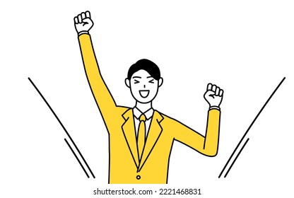 Simple line drawing illustration of a businessman in a suit smiling and posing with guts.